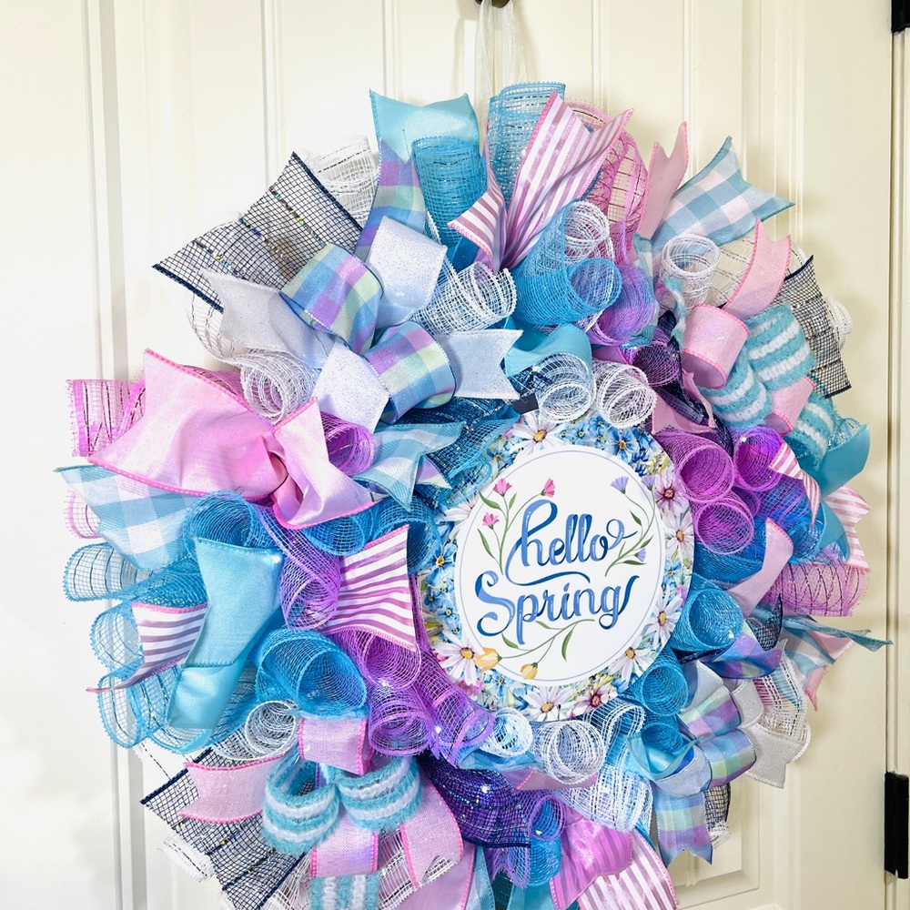 Handmade Hello Spring Prelit Ribbon Wreath 22 in LED W3 - Picture 2 of 9